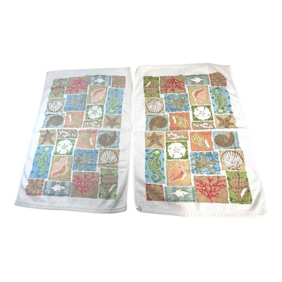 Set Of 2 Coastal Themed Kitchen Hand Towels Seashells & Starfish 17" X 25" READ - Picture 2 of 5